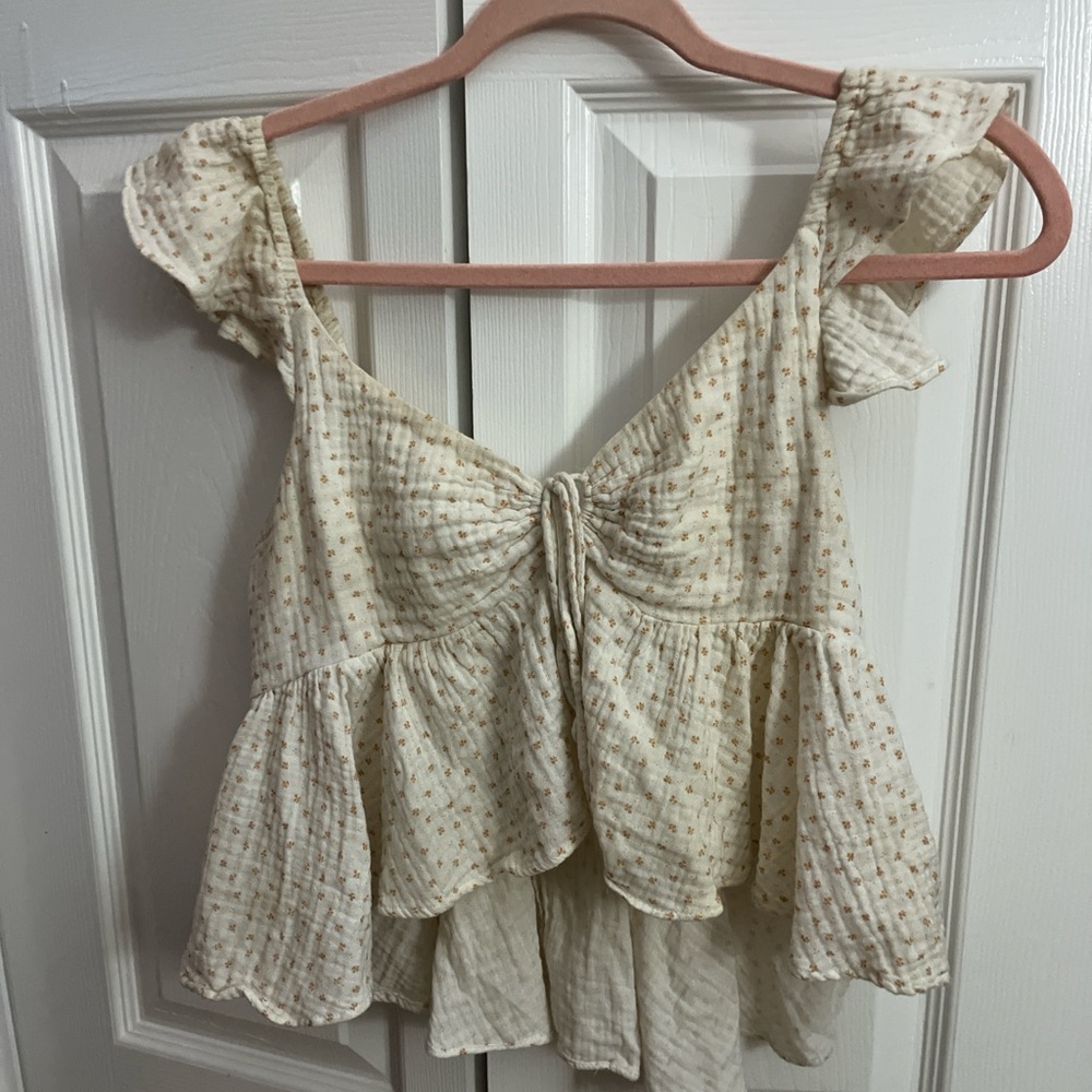 Women’s Cream Floral Tie-Front Ruffle Tank Top